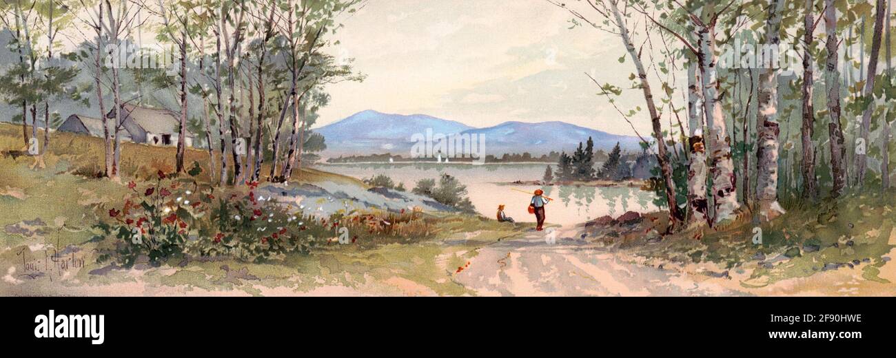 Blue Hills, Camden, Maine -Print shows a summer scene with two boys fishing at a pond or river; trees line the sides of a dirt road, a dwelling is nestled among the trees on the left, and the 'Blue Hills' of Camden, Maine are seen in the distance, 1891 Stock Photo