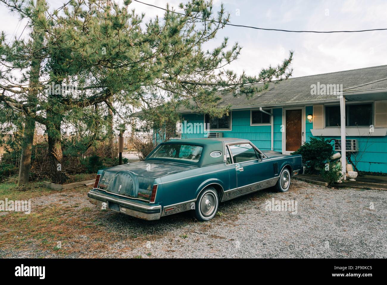 Vintage car parked outside the Silver Sands Motel, in Greenport, Long