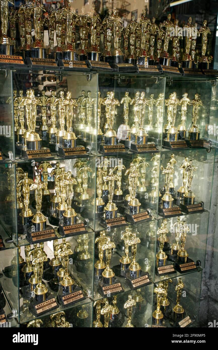 Academy award statue display, Hollywood Souvenir Shop, Los Angeles, California, USA Stock Photo