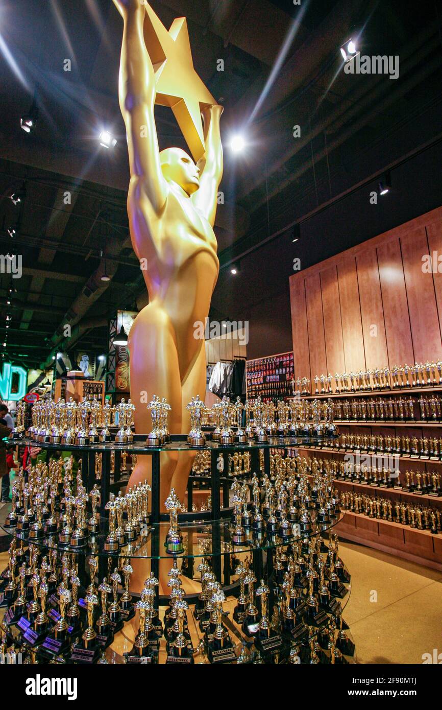 Academy award statue display, Hollywood Souvenir Shop, Los Angeles, California, USA Stock Photo