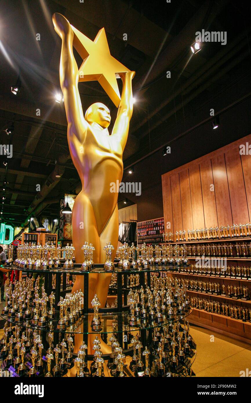 Academy award statue display, Hollywood Souvenir Shop, Los Angeles, California, USA Stock Photo