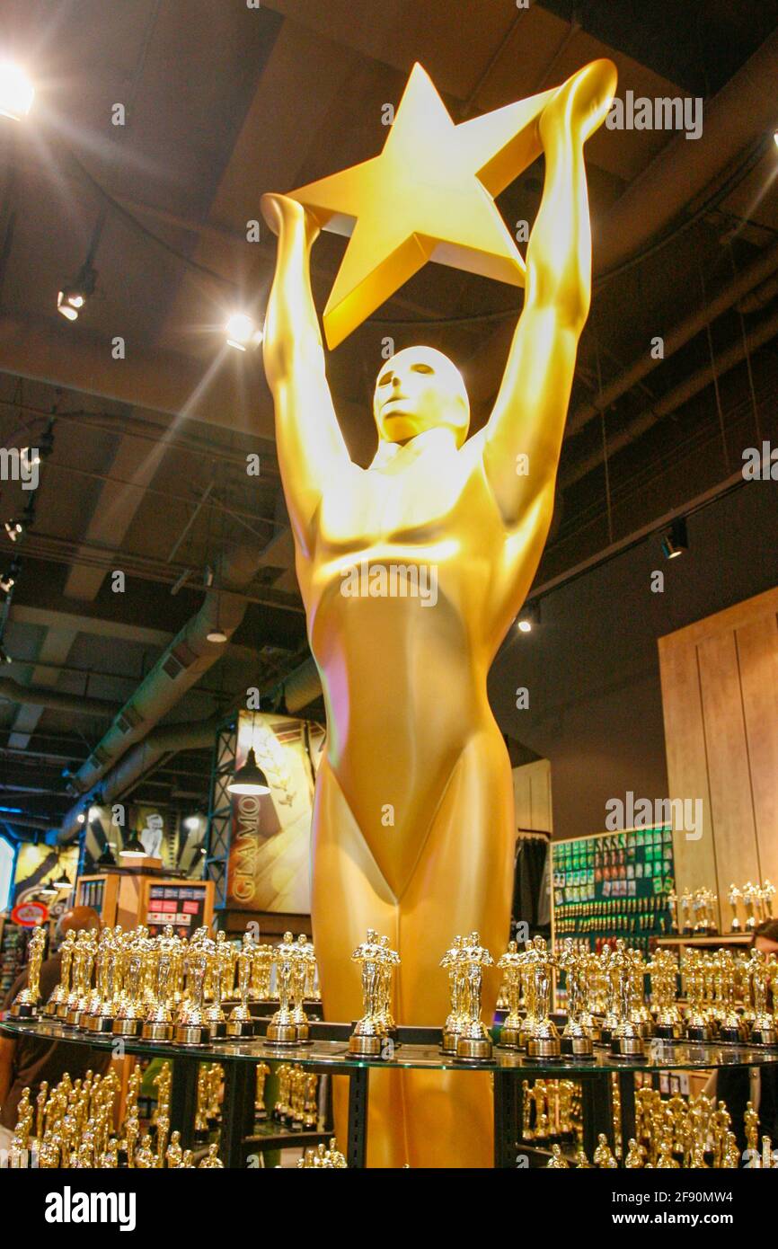 Academy award statue display, Hollywood Souvenir Shop, Los Angeles, California, USA Stock Photo