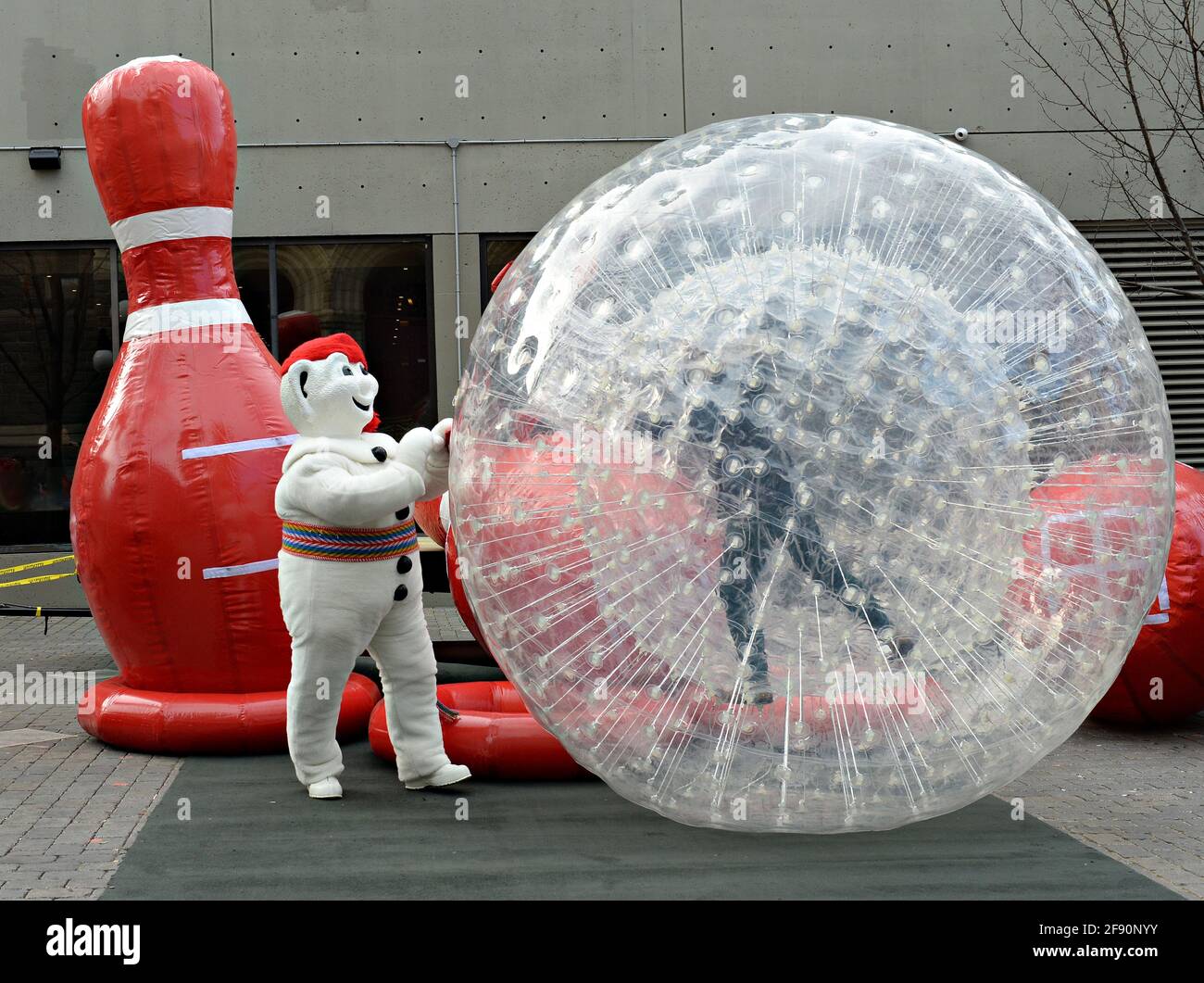 Bonhomme Carnaval plays bowling during his carnival in Quebec city , Canada Stock Photo