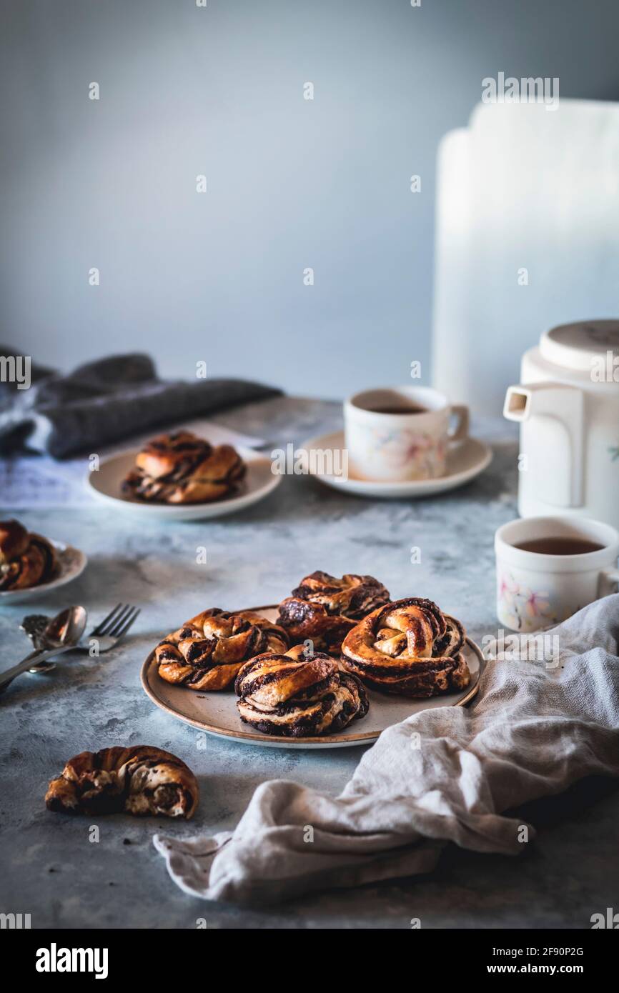 Chocolate babka knots breakfast scene Stock Photo Alamy