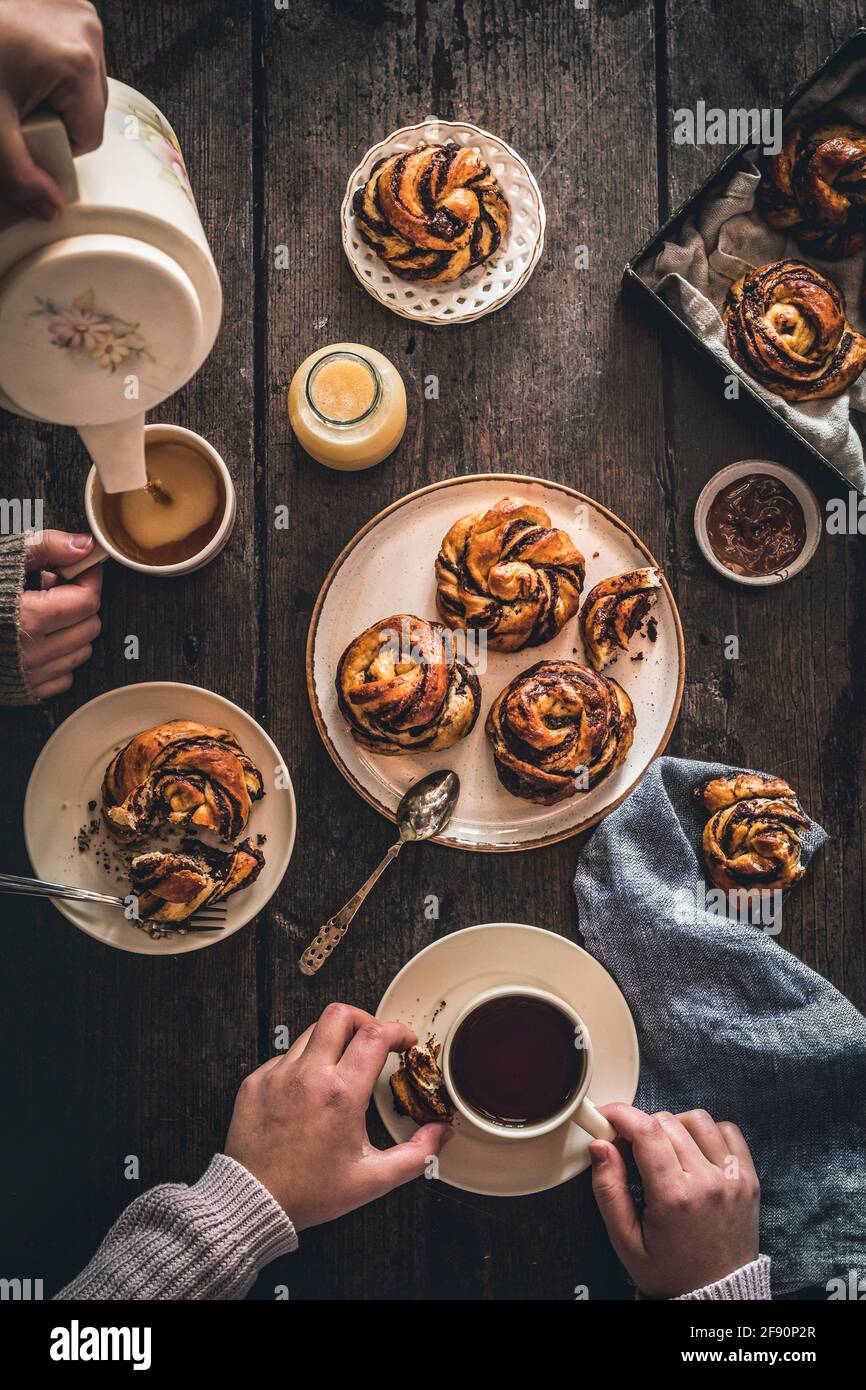 Chocolate babka knots breakfast scene Stock Photo Alamy