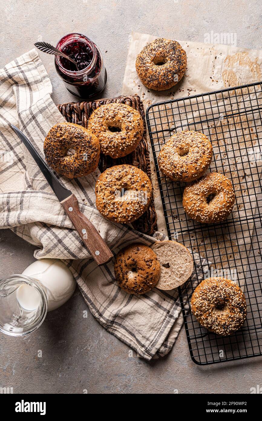 Fresh bagels on a cooling rack Stock Photo