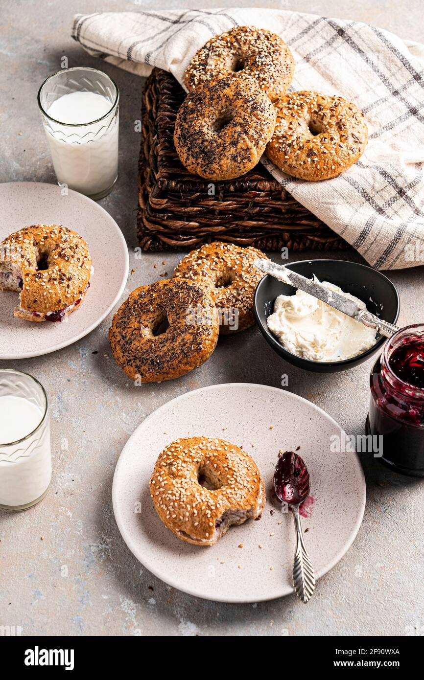 bagel with cream cheese and jam Stock Photo Alamy