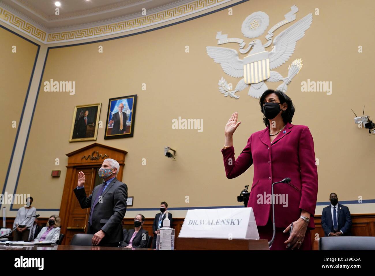 (210415) -- WASHINGTON, April 15, 2021 (Xinhua) -- Rochelle Walensky (R), director of the U.S. Centers for Disease Control and Prevention (CDC), is sworn in before testifying at a hearing of U.S. House Select Subcommittee on the Coronavirus Crisis in Washington, DC, the United States, on April 15, 2021. (Susan Walsh/Pool via Xinhua) Stock Photo
