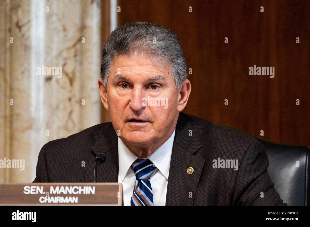 Washington, DC, USA. 15th Apr, 2021. April 15, 2021 - Washington, DC, United States: U.S. Senator JOE MANCHIN (D-WV) speaking at a hearing of the Senate Energy and Natural Resources Committee. Credit: Michael Brochstein/ZUMA Wire/Alamy Live News Stock Photo