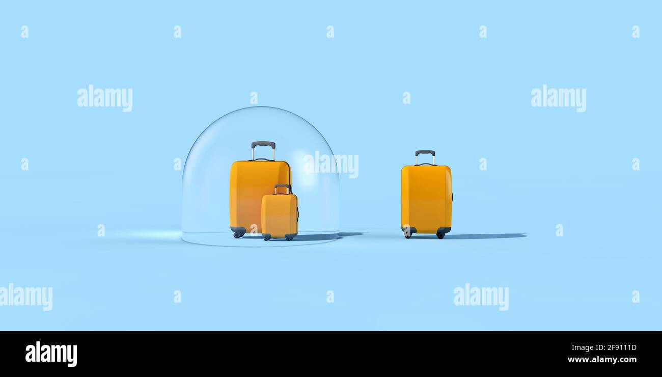 Coronavirus holiday travel bubble. Suitcase in a protective bubble 3D Rendering Stock Photo