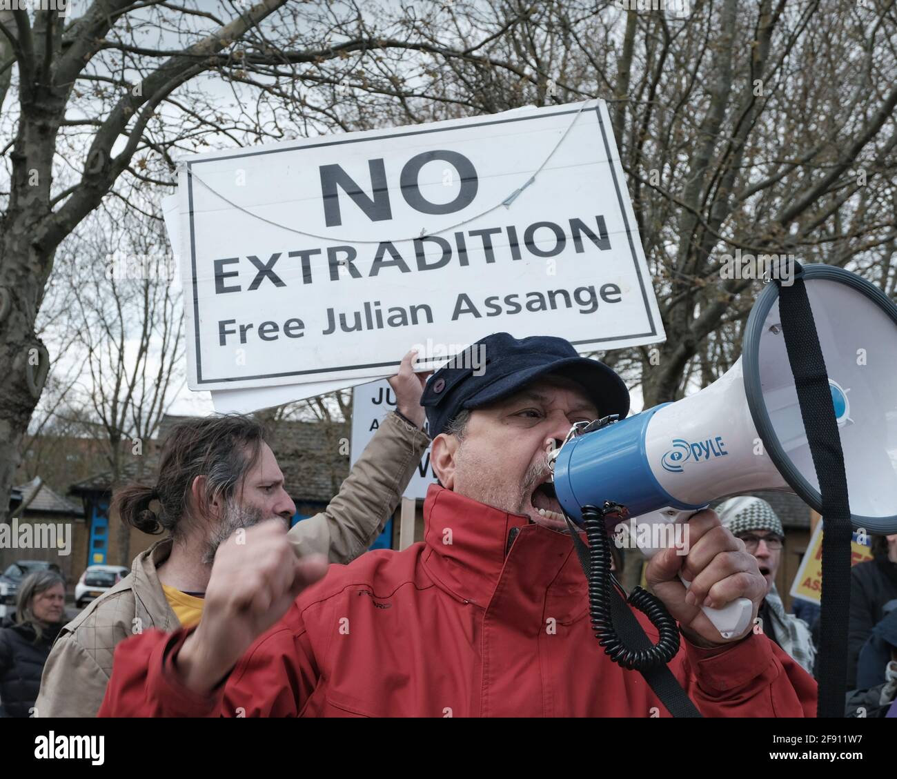 Free Julian Assange campaigners staged a protest on the second anniversary of his incarceration in Belmarsh prison in south-east London. Stock Photo