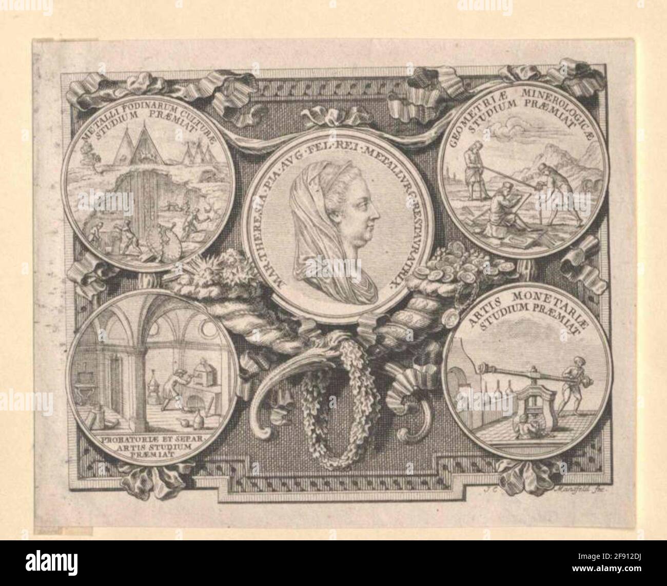 Maria Theresia, Roman-German Empress Picture Medallion Maria Theresias, surrounded by four medallions with Maallurgical cover. Copper engraving by Johann Ernst Mansfeld Stock Photo
