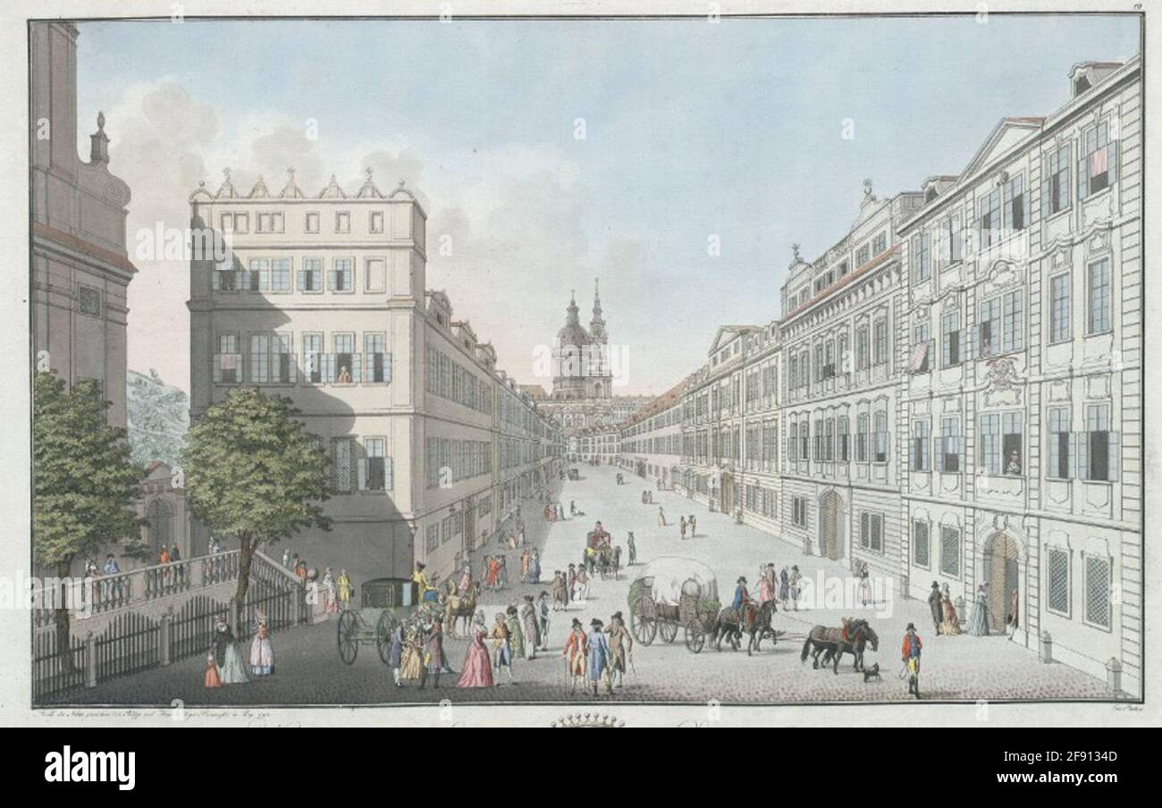 Ancht der Karmelitergasse, Auf der Kleinseite. View of Carmes Street at the small Widmung side: Dedia to His Excellency Le Comte and Lord Jean Philip of Edling of Ungersbach Chambellan and adviser, intimate, current, state of his majesty imp. Roy. Apost. Stock Photo