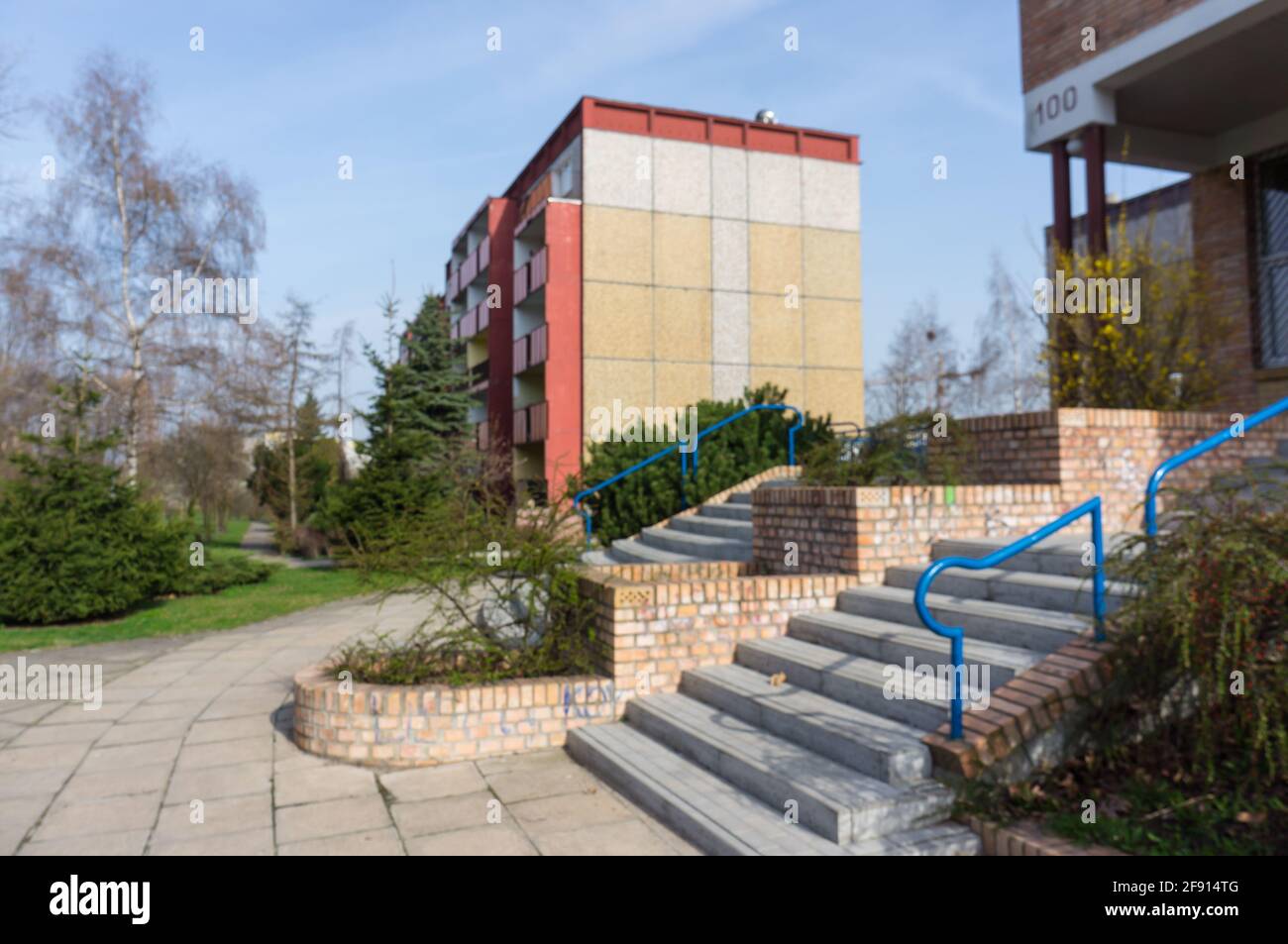 POZNAN, POLAND - Apr 04, 2016: Stone stairs close by apartment building on the Osiedle Polan area Stock Photo