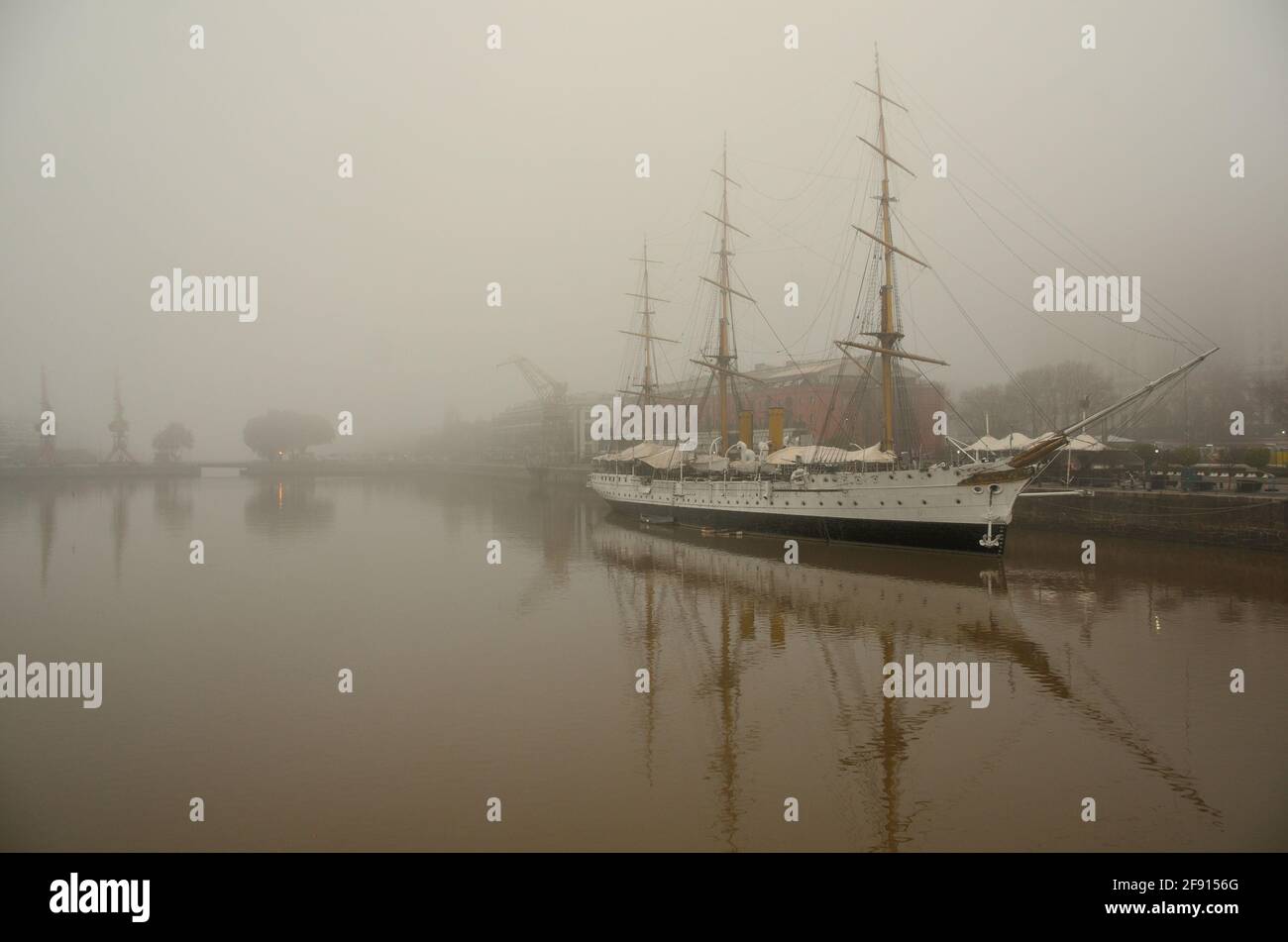 Old training ship, now a Museum ship, ARA 'Presidente Sarmiento' in 'Puerto Madero', Buenos Aires, under a dense fog. Stock Photo