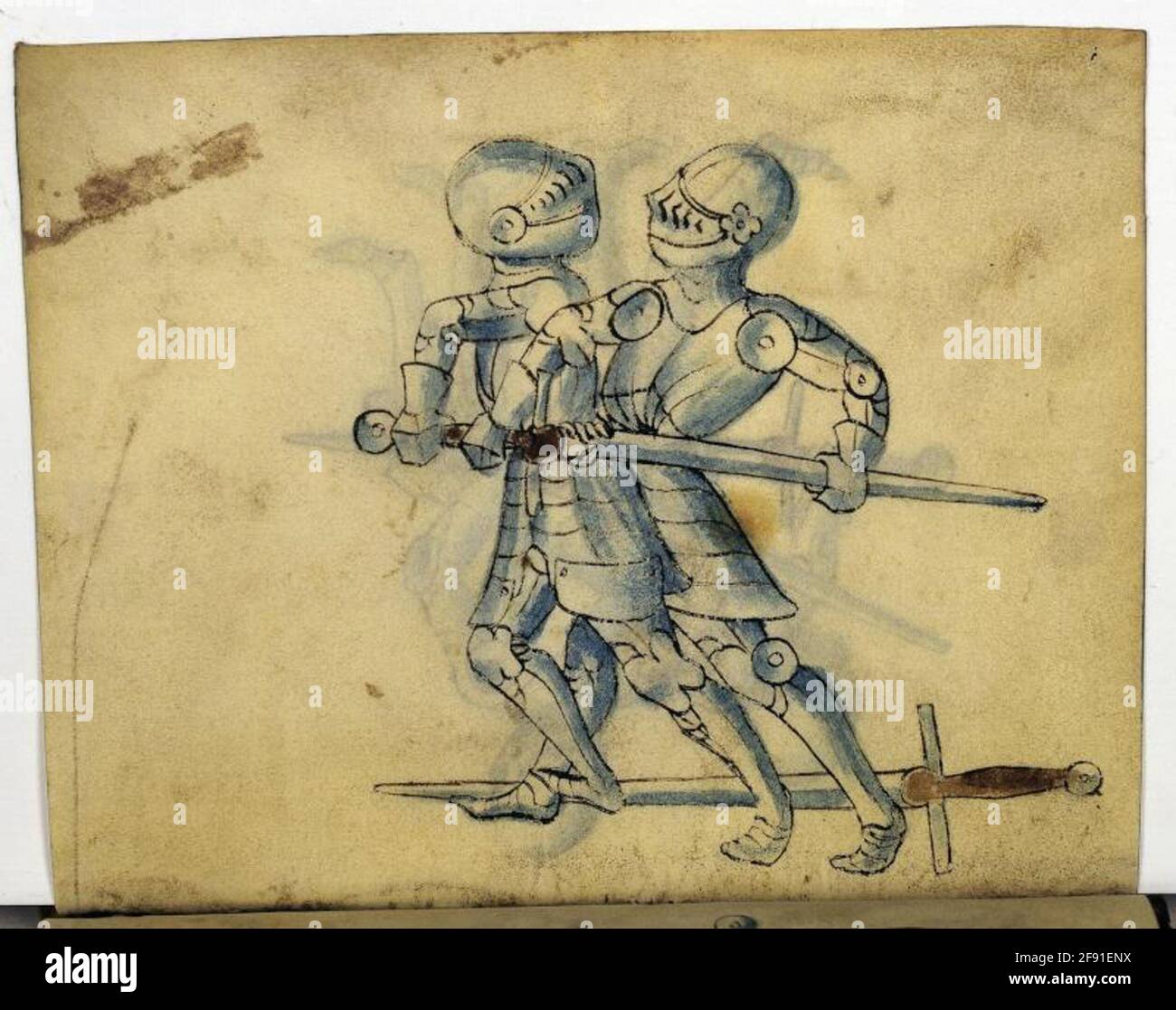 Cod. 11093, fol. 14v: Book on Swordsmanship and Wrestling Full page: fencing scene; pen and brush drawing, Southwestern Germany, mid-15th c. Stock Photo