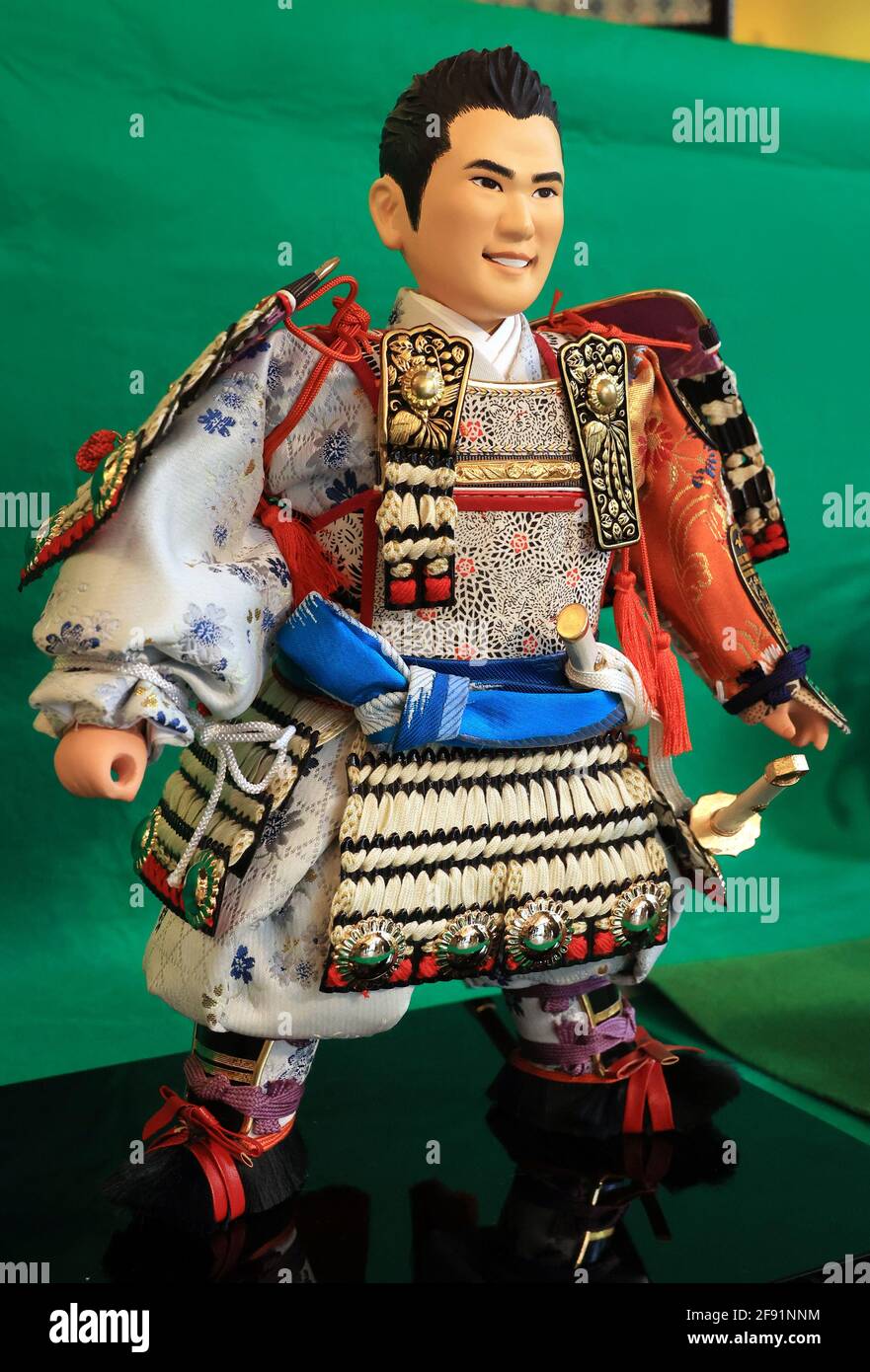 Tokyo Japan 16th Apr 21 Japanese Doll Maker Kyugetsu Displays A Samurai Doll Of Japanese Professional Golf Player Hideki Matsuyama As He Won The Masters Golf Tournament Last Week In The United