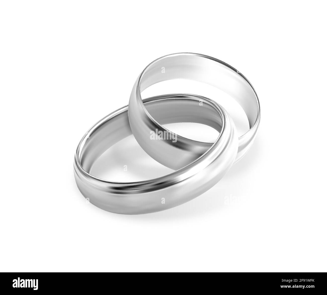 Two interlocking silver or platinum wedding rings on white background ...