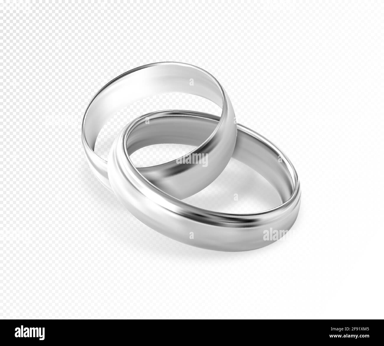 Two interlocking silver or platinum wedding rings on transparent