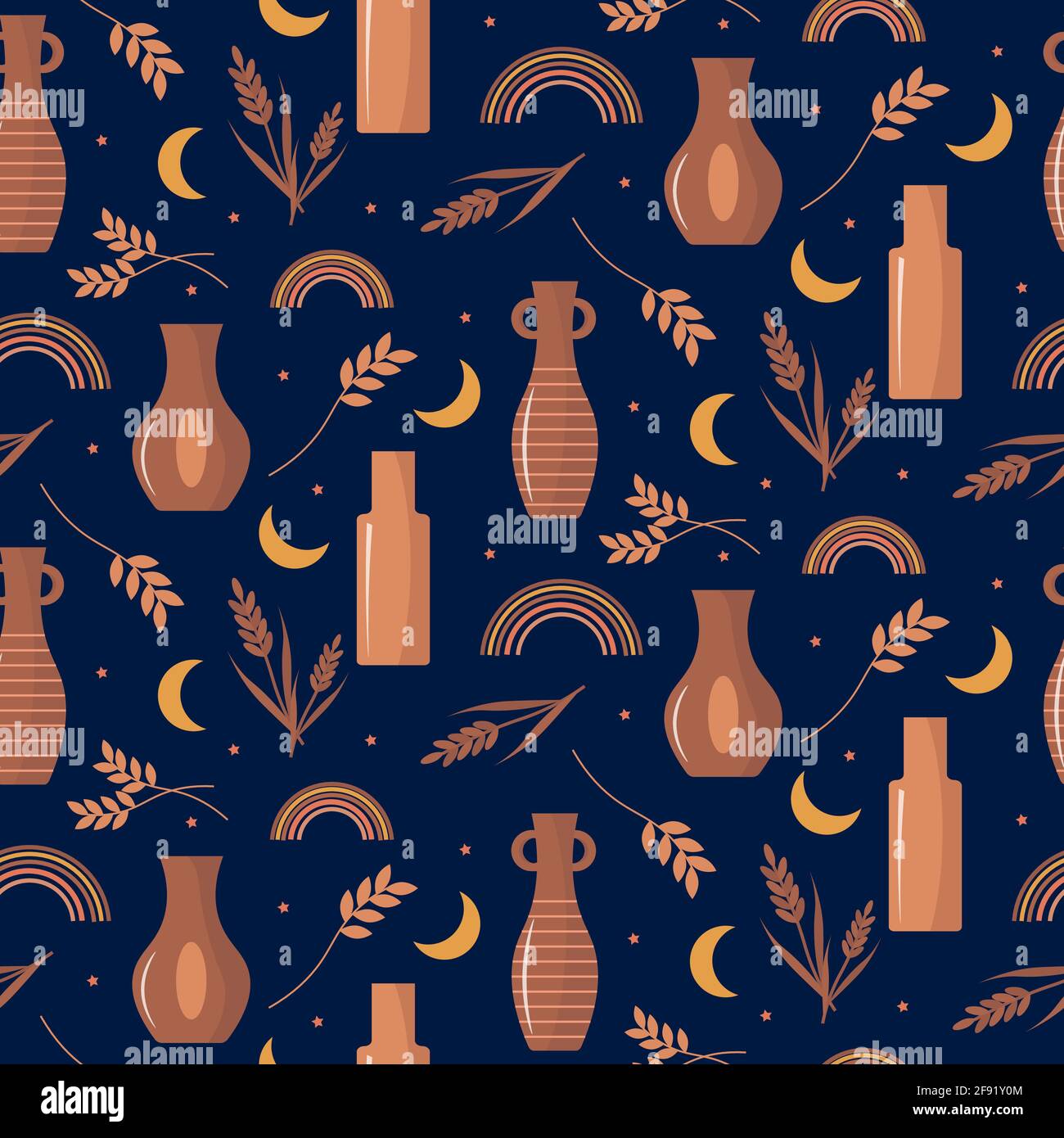 Pattern with ceramic vases on a dark background. Stock Vector