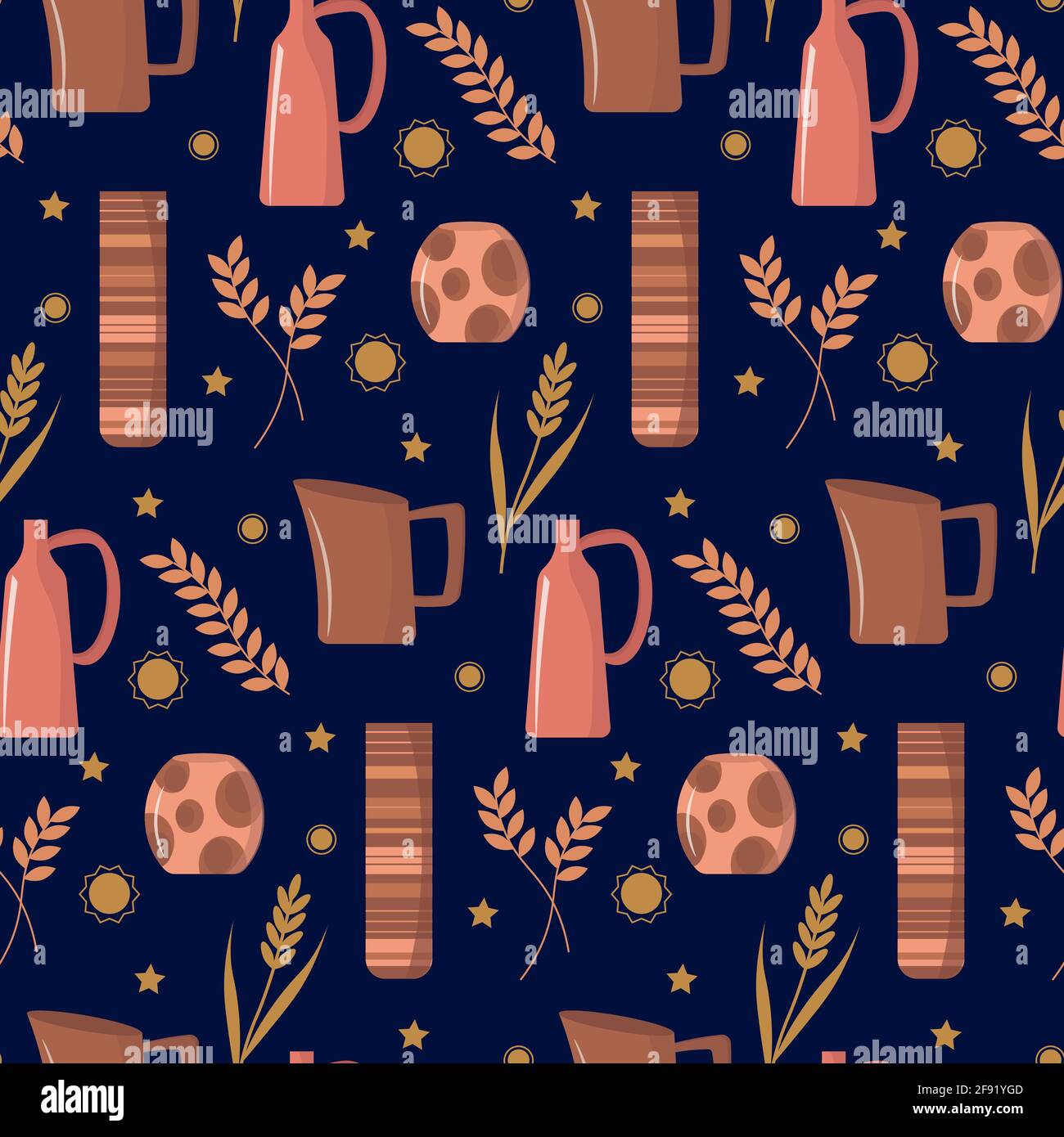 Pattern pottery handmade vases on a dark background. Stock Vector