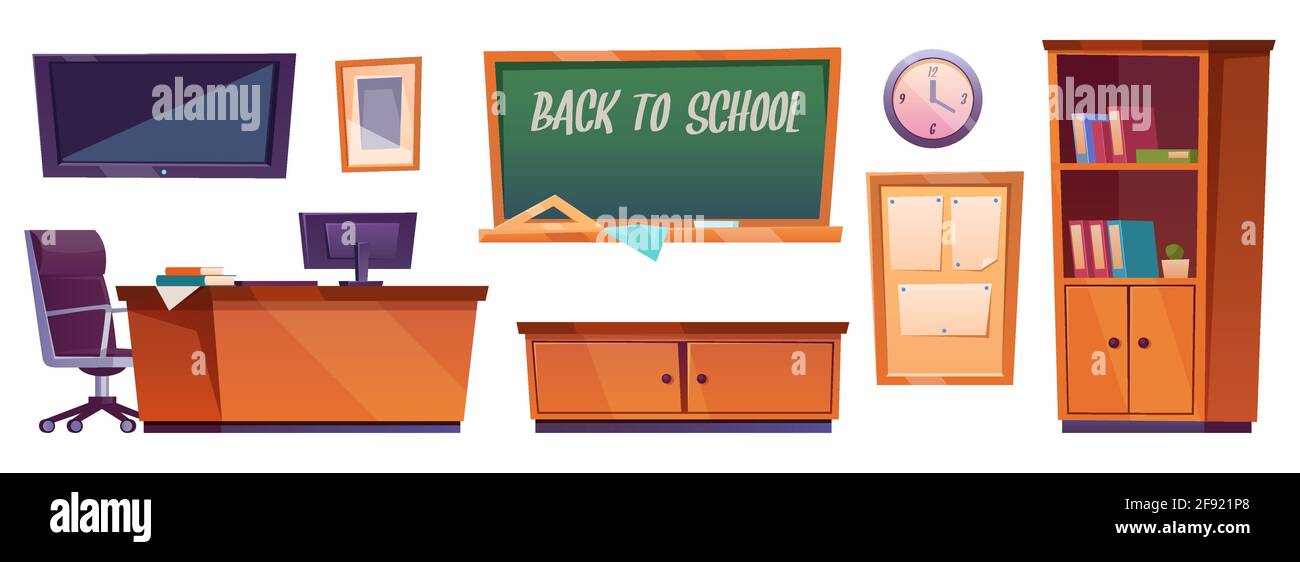 Classroom furniture, class interior stuff blackboard with inscription back to school, cupboard with textbooks, teacher desk with Pc, board with blank posters and clock on wall, Cartoon vector set Stock Vector