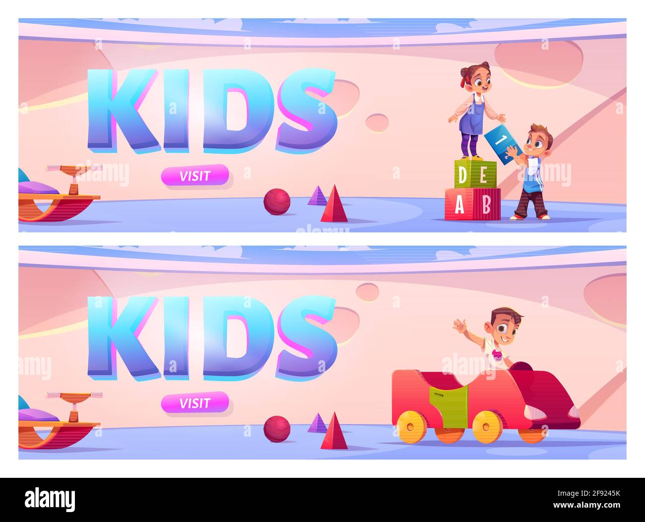 Children on playground in kindergarten. Vector banners with cartoon kids in montessori preschool with toys, car and swing. Boy and girl plays with cubes in daycare center Stock Vector