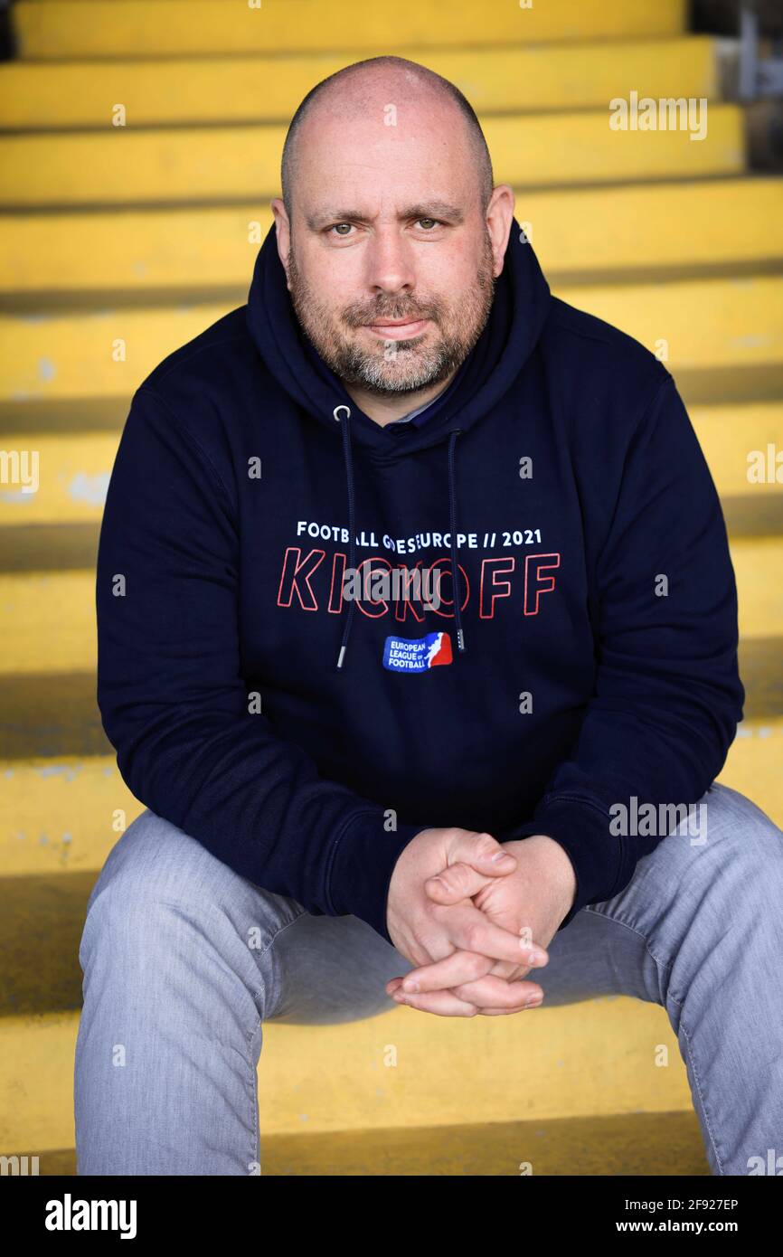 Hamburg, Germany. 15th Apr, 2021. Max Paatz, General Manager Hamburg Sea  Devils in the European League of Football (EFL), sits in the stands at the  Hoheluft stadium during a photo session. The