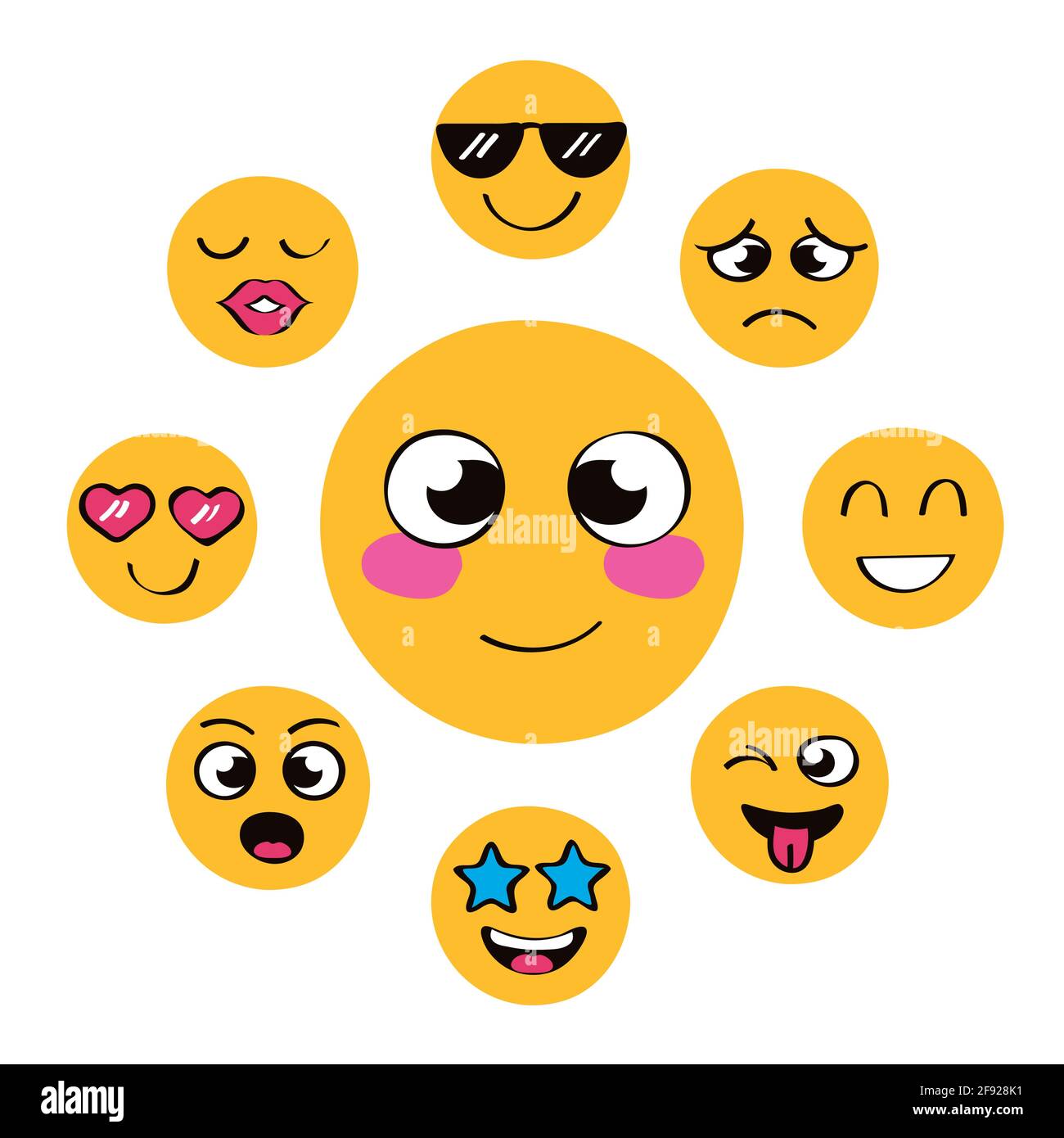 nine emojis expressions around icons Stock Vector