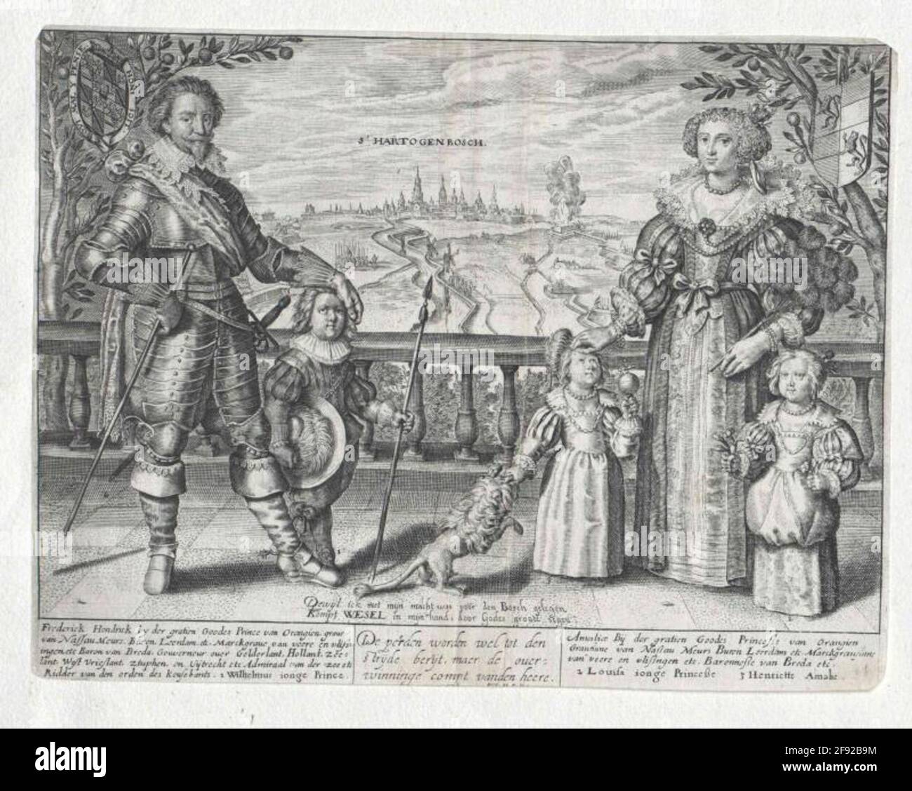 Friedrich Heinrich, Prince of Orania, Graf von Nassau with a wife and the three oldest children in the toddler age (oversized) standing in whole figure on terrace; From left to right: 1. Friedrich Heinrich: Half v. right; Barhaupt, with a piercing, knobbard; in kneeharnic; with lobed tip collar, cuffs, ferrand around the right shoulder; Stulfile boots, feces; Long rod in the right on his hip, laid left around the head of the son; 2. Wilhelm II, Prince of Orania: half of the right; BARHAUPT; broad, sprinkled hat under the right arm, maintain standing children's lance with the left; 3. Luise Hen Stock Photo