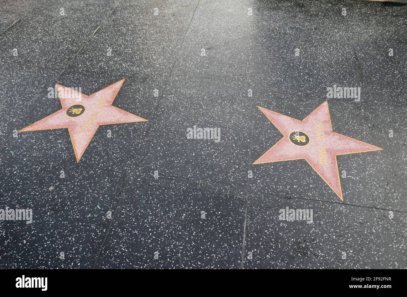 Hollywood, California, USA 14th April 2021 A general view of atmosphere of actor Kurt Russell's Star and actress Goldie Hawn's Star on the Hollywood Walk of Fame on April 14, 2021 in Hollywood, California, USA. Photo by Barry King/Alamy Stock Photo Stock Photo