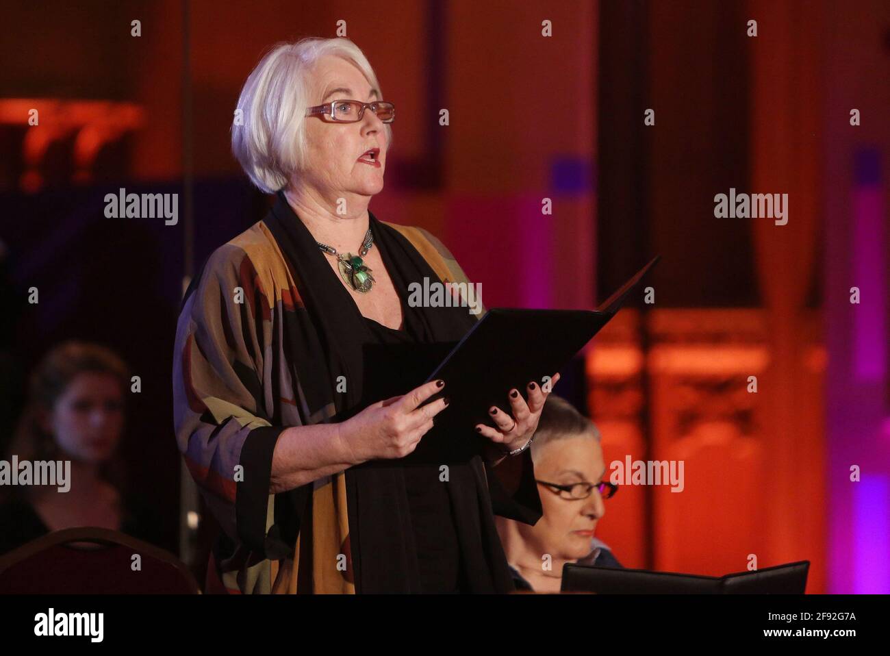 File photo dated 27/1/2016 of Holocaust survivor Joan Salter recounts her story during a BBC televised event organised by the Holocaust Memorial Day Trust at London's Guildhall to commemorate Holocaust Memorial Day. The former youth worker who once accompanied a group of working-class East End teenagers to Buckingham Palace to meet the Duke of Edinburgh has praised his award programme for 'changing their lives'. Issue date: Friday April 16, 2021. Stock Photo