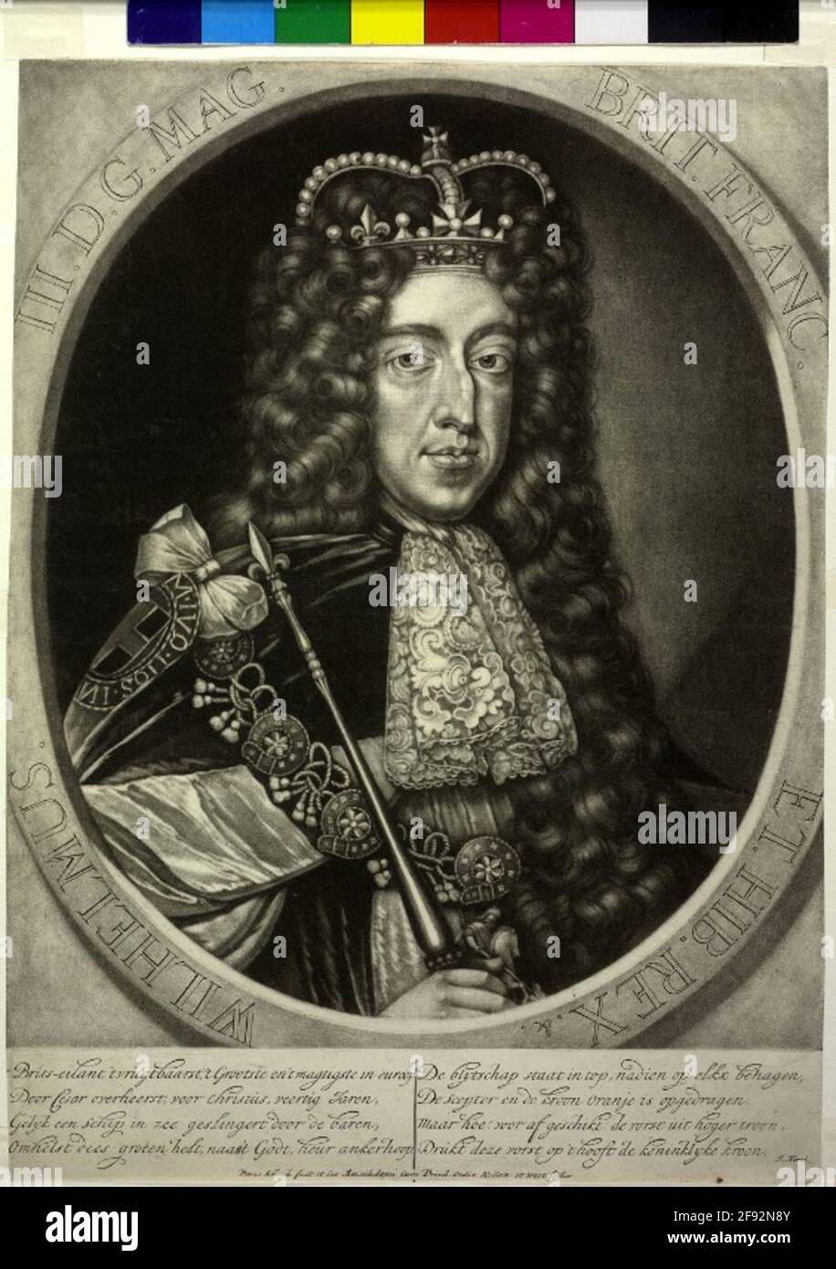 Wilhelm III., Prince of Orania, King of England as King of England etc. in the Kronornat: almost half figure, something from the right; with crown on allon wig, top jabot; Coat and collanes of trouser band order; Scepter in the right; in trimmed light-cut oval framing, with lat. Legend circumferentially, with equally damaged outer corners; Below the representation Dutch. Verses of Jan Norel in two four-line columns; Bottomed Latin. Artist and publisher note and privileges of the stalls of Holland and West Frisia. Taper of Pieter Schenk in its own publisher, Amsterdam. Stock Photo