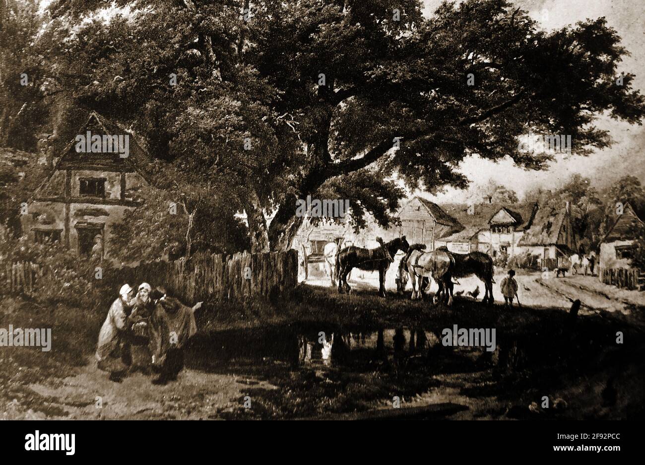 A typical scene in an English village in the 1700's showing women gossiping near the village pond where horses are being watered. Stock Photo