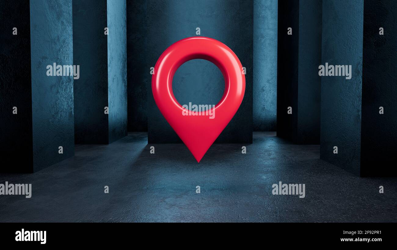 3 d red location symbol. Map pointer icon on a dark blue background. 3 d illustration. Stock Photo