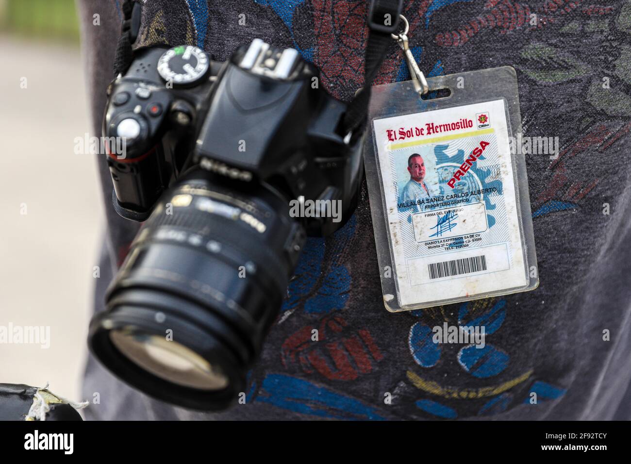 Nikon camera and press credential of photojournalist Carlos Villalba  photography staff at El Sol de Hermosillo newspaper on April 15, 2021 in  Hermosillo, Mexico. (Photo by Luis Gutierrez / Norte Photo) .. ...