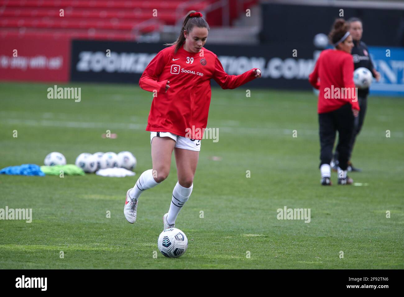 Portland Thorns FC defender Meaghan Nally (39) before a NWSL match at Seat Geek Stadium, Thursday, April. 15, 2021, in Bridgeview, Illinois. Portland defeated Chicago 1-0 (Melissa Tamez/Image of Sport) Stock Photo