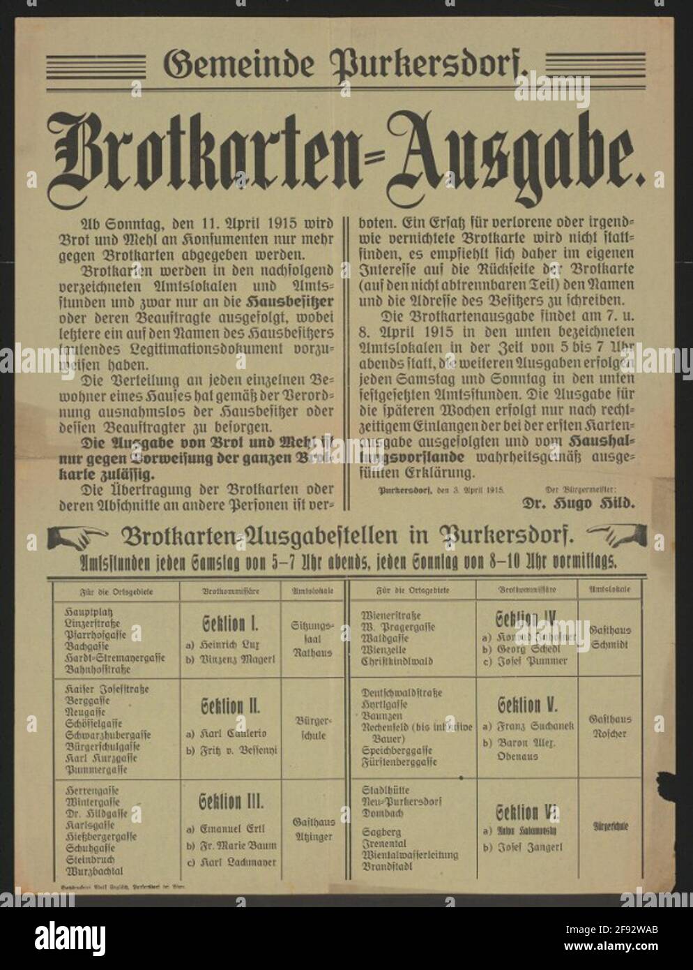 Bread card edition - Purkersdorf from April 11, 1915 Edition of bread and flour only against bread cards - to bring from homeowners in the specified output locations with legitimation documents - Transfer is prohibited - no substitute for loss - Recommendation, name and address to write to the back - Edition On 7 and 8 April 1915 - Purkersdorf, April 3, 1915 - the mayor: Dr. Hugo Hild Stock Photo