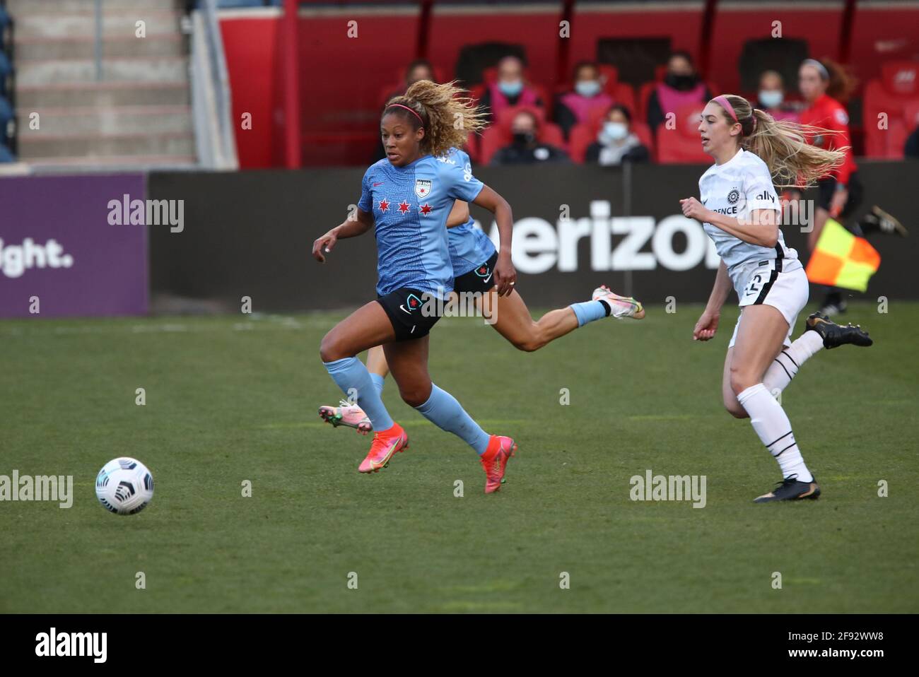 Chicago Red Stars defender Casey Krueger (6) dribbles the ball past Portland Thorns FC midfielder Christine Sinclair (12) during a NWSL match at Seat Geek Stadium, Thursday, April. 15, 2021, in Bridgeview, Illinois. Portland defeated Chicago 1-0 (Melissa Tamez/Image of Sport) Stock Photo