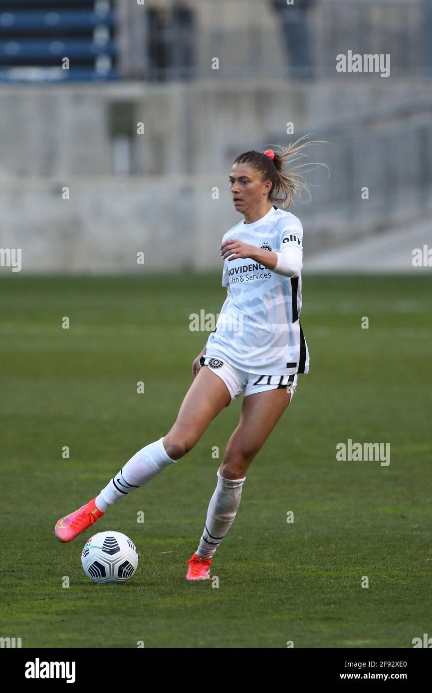 Portland Thorns FC defender Kelli Hubly (20) dribbles the ball during a NWSL match at Seat Geek Stadium, Thursday, April. 15, 2021, in Bridgeview, Illinois. Portland defeated Chicago 1-0 (Melissa Tamez/Image of Sport) Stock Photo