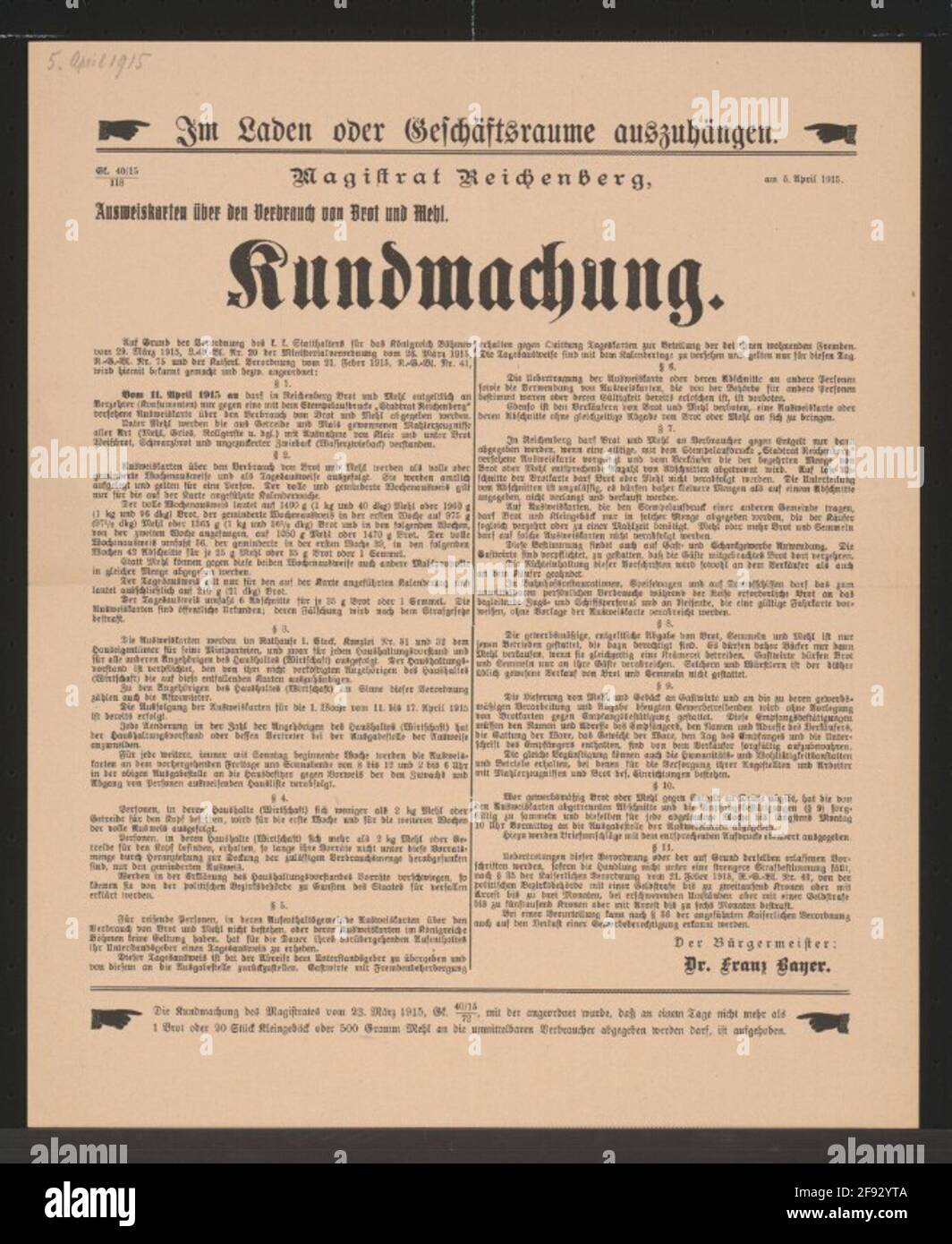 ID cards for bread and flour - Kunstlancer - Reichenberg from April 11 Issue from bread and flour only against ID cards with the stamp print 'Citytrat Reichenberg' - Information on the full or reduced weekly covers or day ID cards - issue of ID cards - issue to travelers - Transfer of cards prohibited - Regulation for restaurants - 'Inspectors are obliged to allow guests to consume bread there' - Regulation for ship and train personnel - Delivery to innkeepers with acknowledgment of receipt - Delivery of the ID cards in envelopes - transgressions punishable - Purchasing of announcement Customi Stock Photo