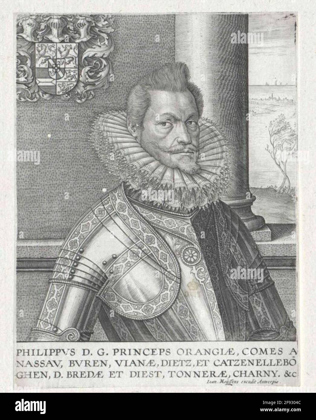 Philipp Wilhelm, Prince of Orania, Count of Nassau almost half figure, half from the right; Barhaupt, with mustache, chin beard; Lace neck crime; in grandbaric; His coat of arms with triple helmets against hatched, right with column on parapet final wall; On the very right view of a small, landing in the wind bending tree on the seacoast, away a port city and seagoing ships; including Latin legend, negative publisher note; Without designation. Copper engraving [by Antonie Wierix] in a little abraded shape, moved by Joannes Myssensen [around 1640?]. Stock Photo