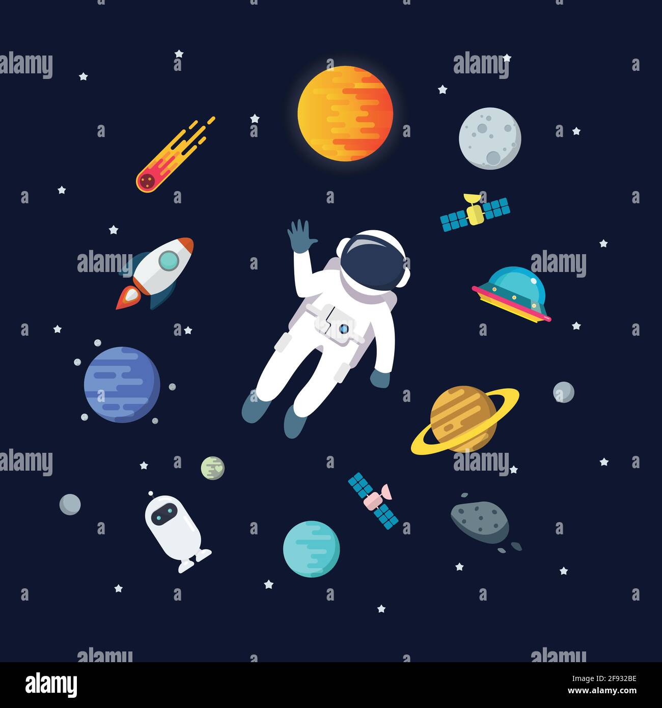 Astronaut man floating in space with planets background. star and planets on galaxy background. Flat style vector illustration Stock Vector