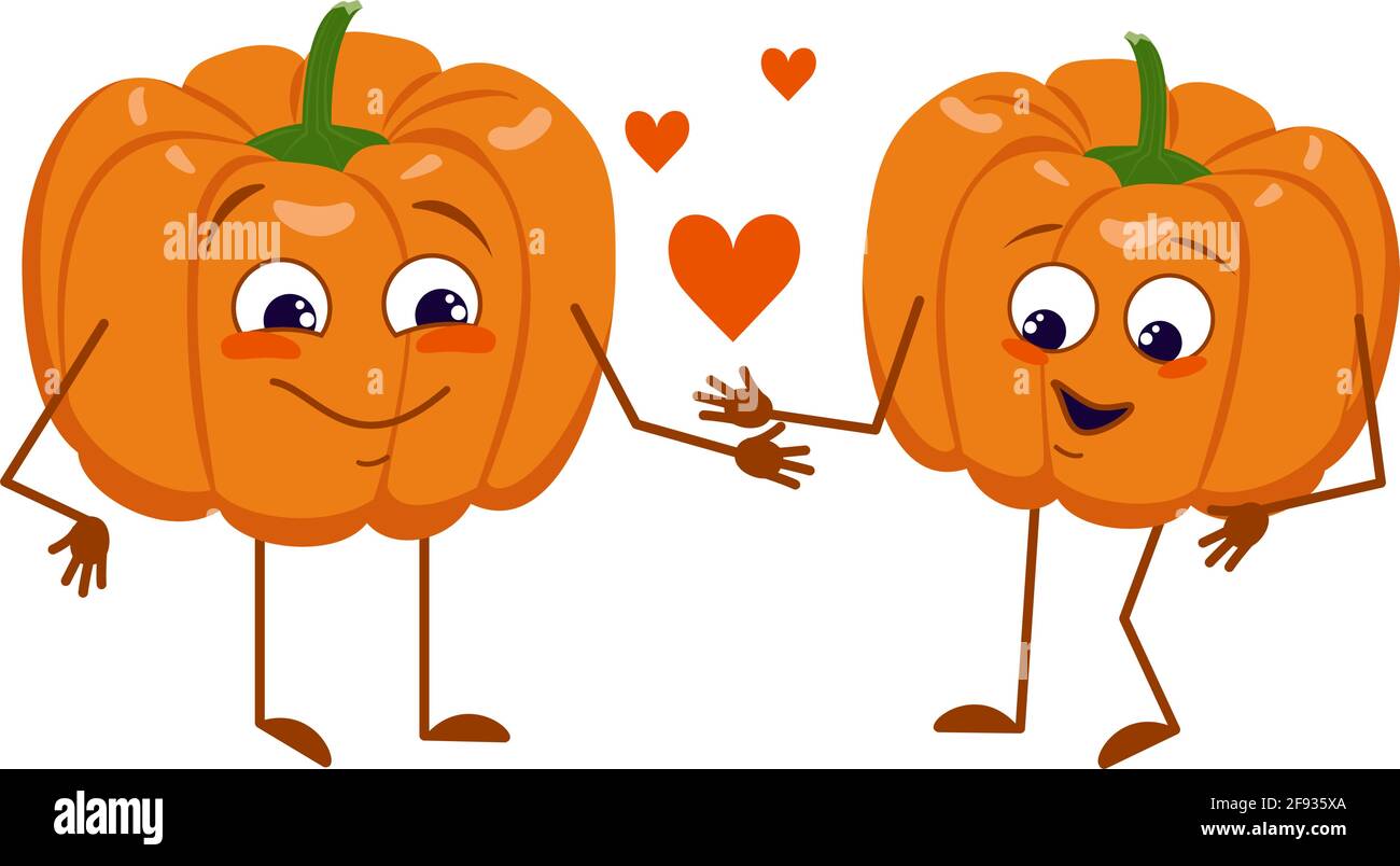 Cute pumpkin characters with love emotions, face, arms and legs. The