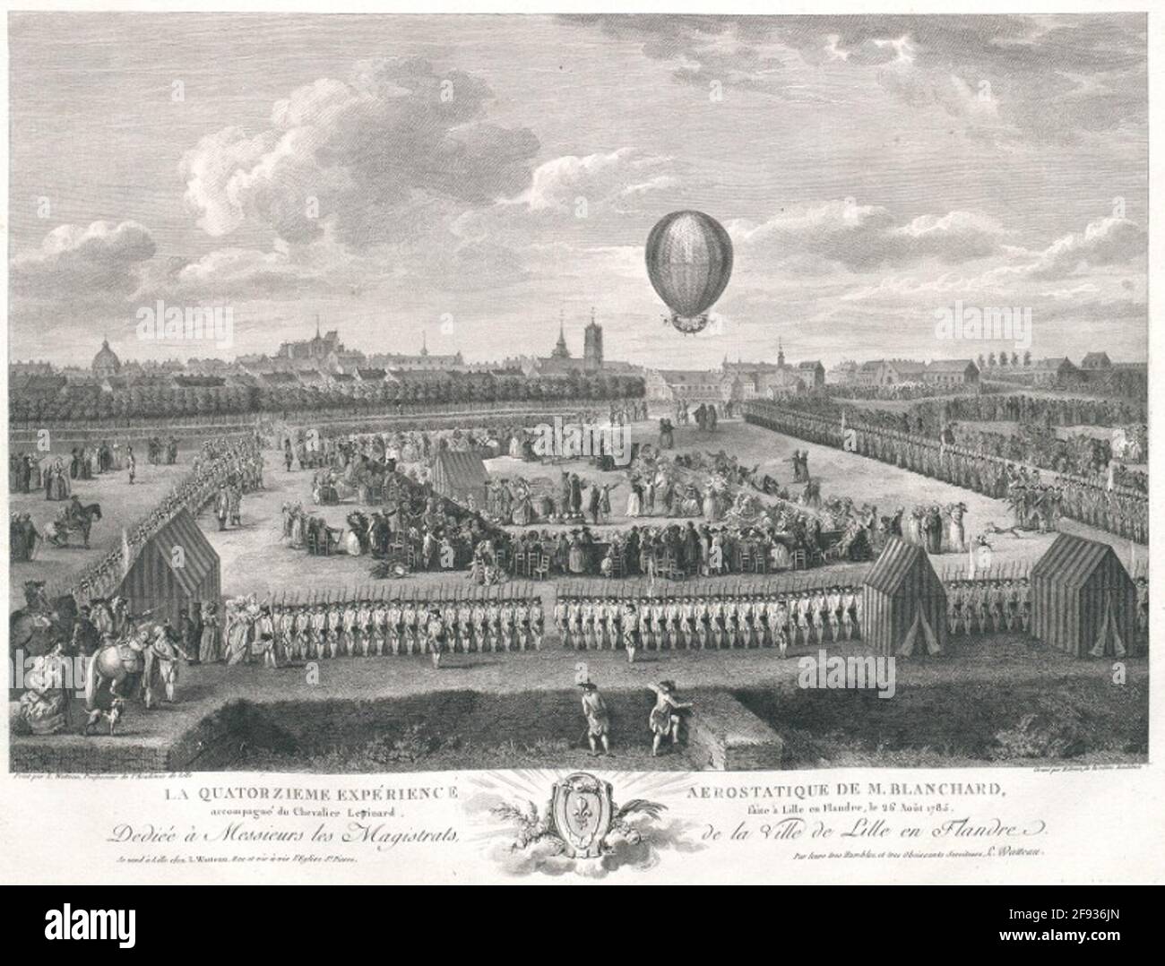 The Quatorzieme Aerostatic Experience of M. Blanchard accompanied by Knight Levinard, made in Lille in Flanders, August 26, 1785 Widmung: Dedicie with the magistrates, from the city of Lille to Flanders Stock Photo