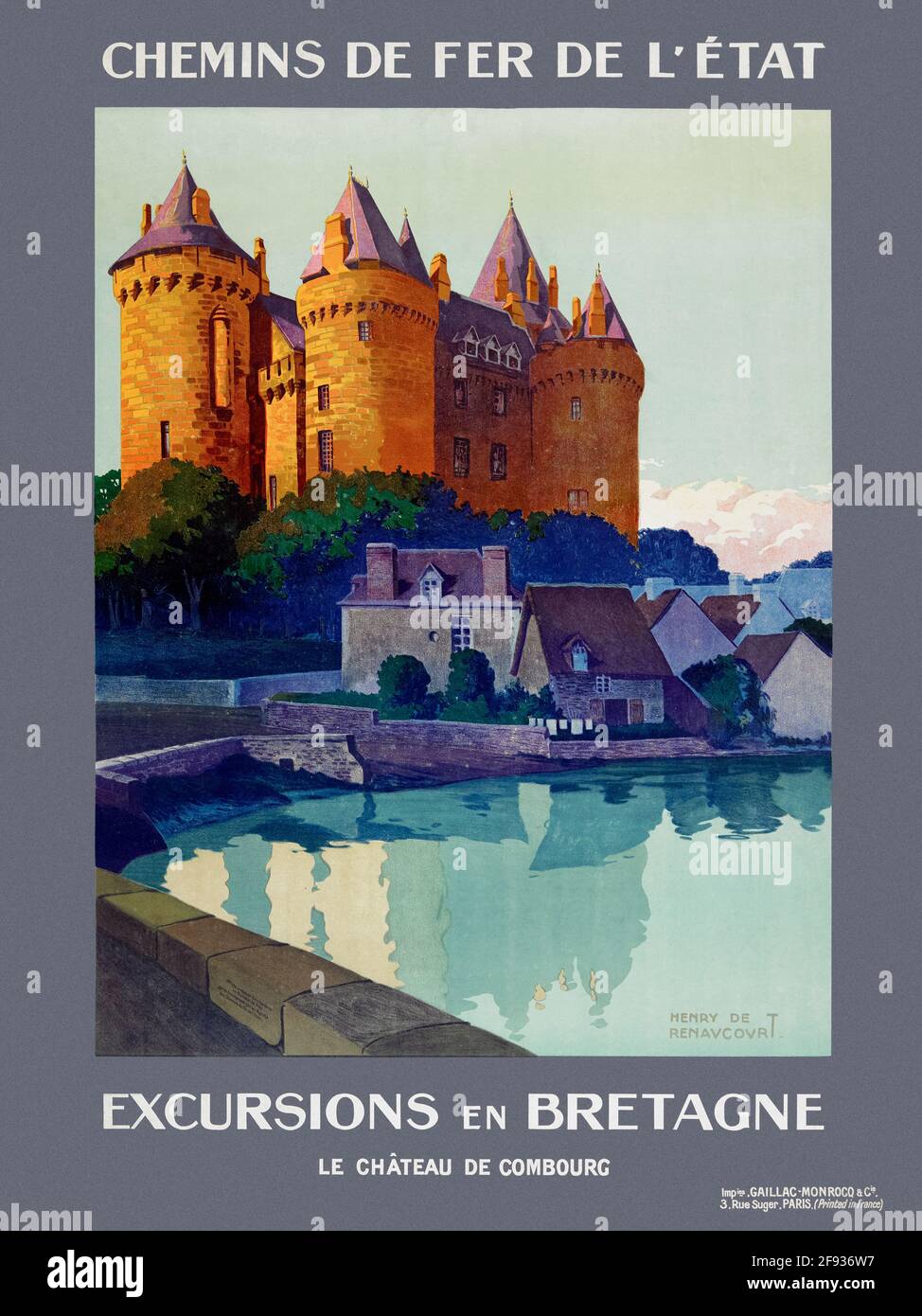 Restored vintage travel poster. Chemins de fer de l'Etat Excursions en Bretagne by Henry de Renaucourt. Poster published in 1923 in France. Stock Photo