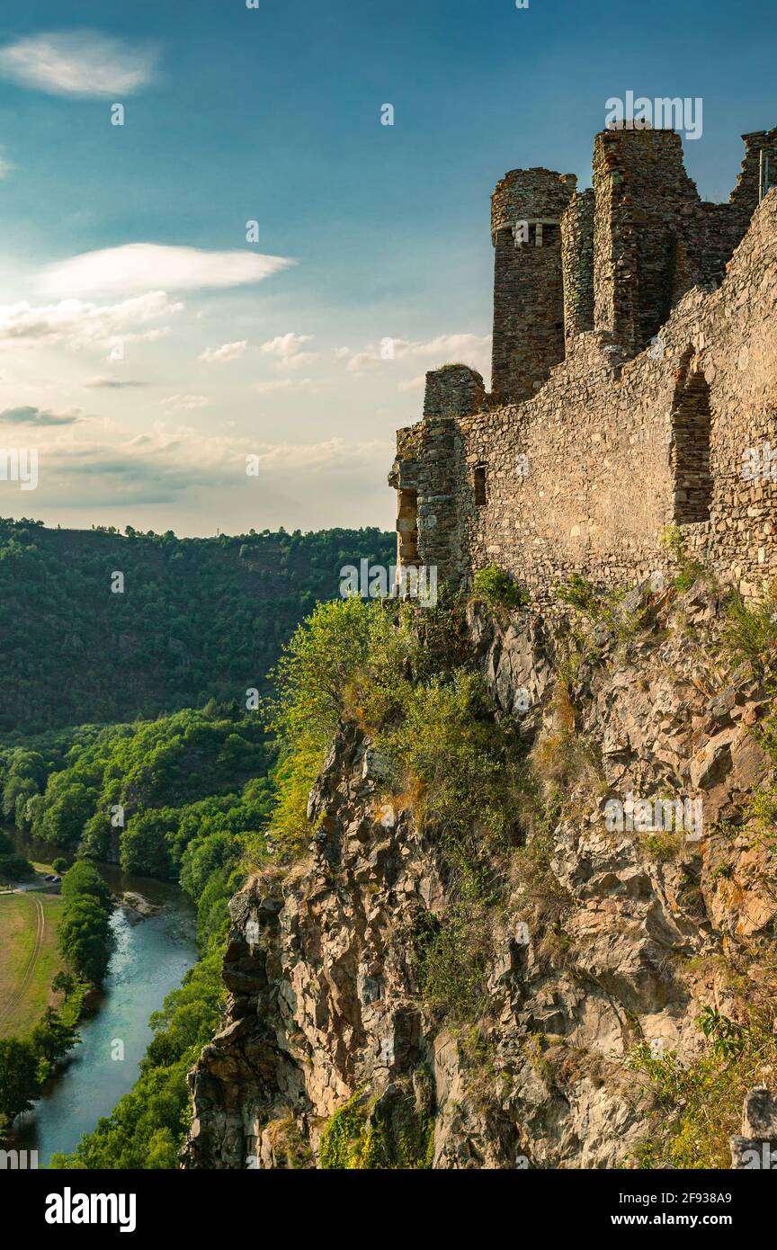 The romantic ruins of Château Rocher, overlooking the valley of the Sioule River, are the remains of a 13th century construction. Saint-Rémy-de-Blot, Stock Photo