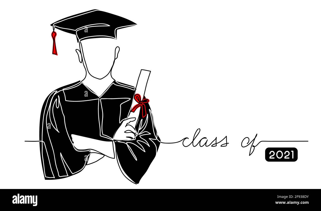 Graduating student with cap, black gown, holding diploma simple vector background, poster, banner. One continuous line drawing illustration with text Stock Vector