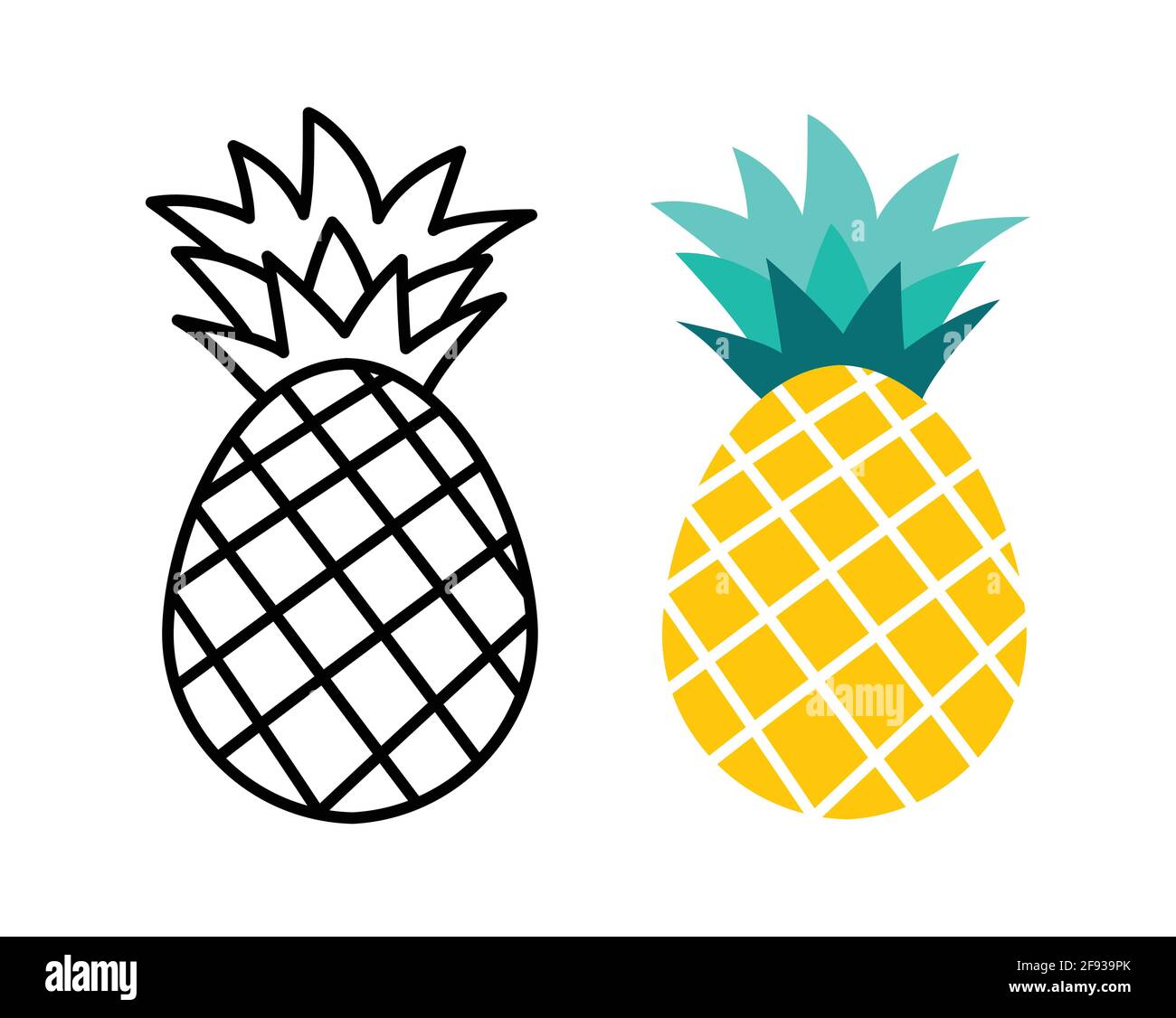 Pineapple fruit flat and outline design. Summer tropical fruits for