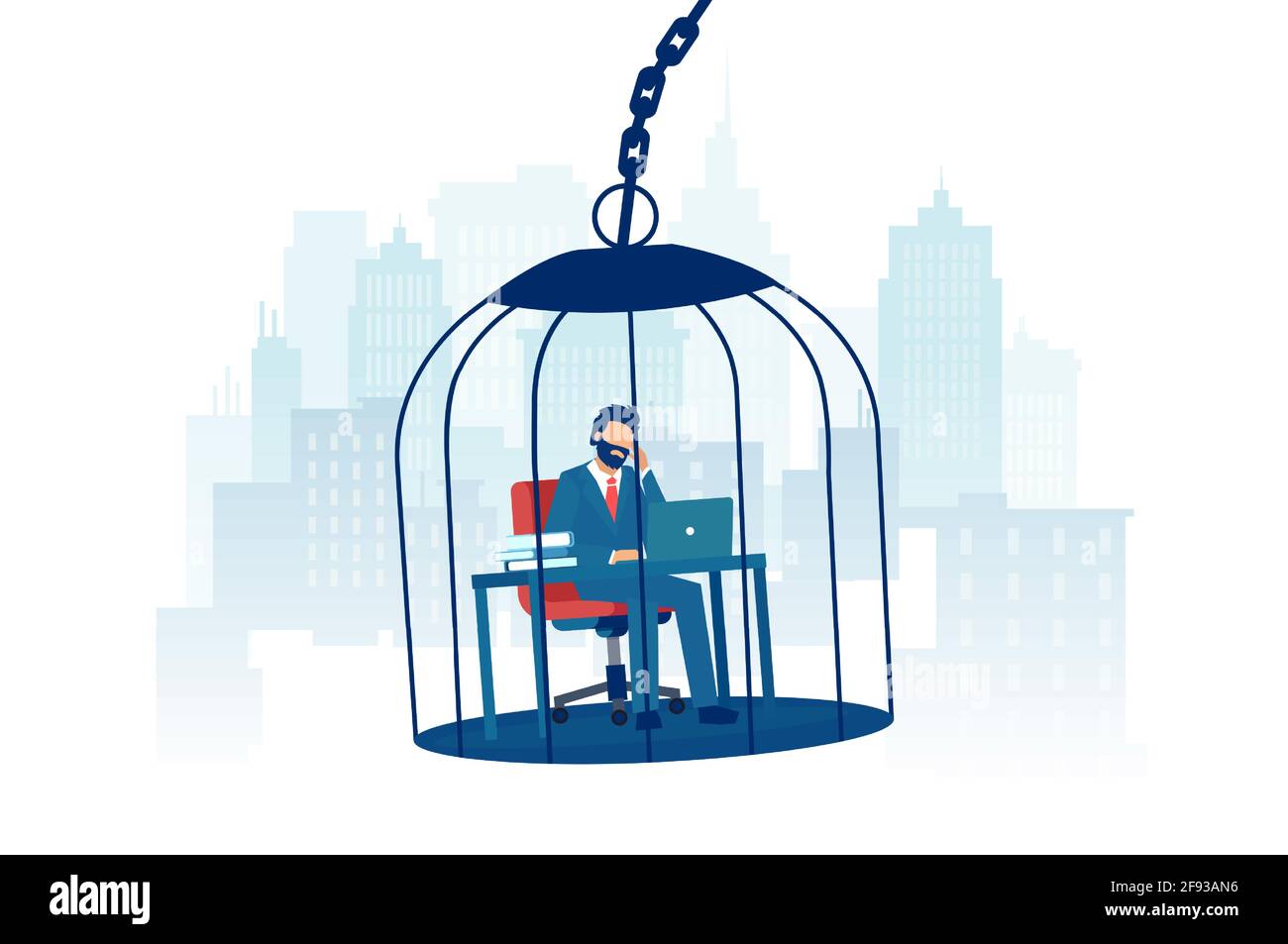 Vector of a sad businessman working at desk inside a birdcage on a city background Stock Vector